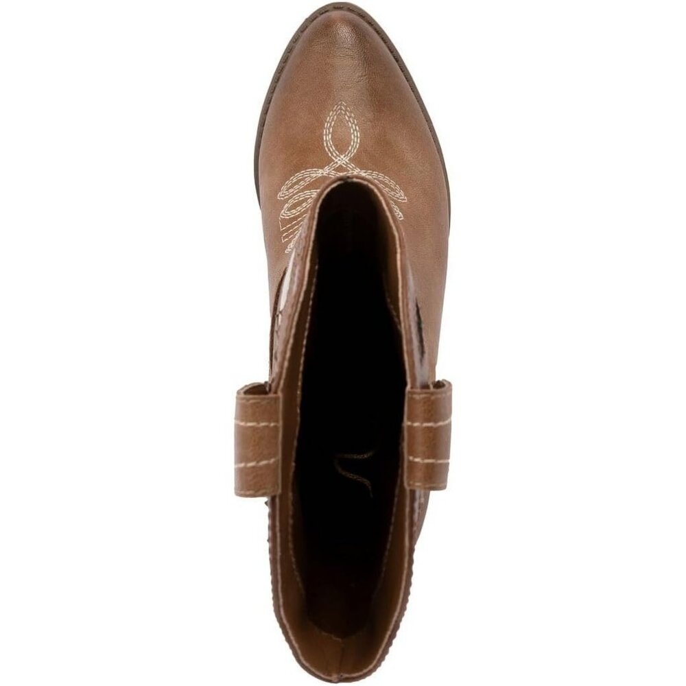 Women's Brown Perforated Leather Design Mid Calf Pointed Toe Block Heel Boot - Picture 4 of 6